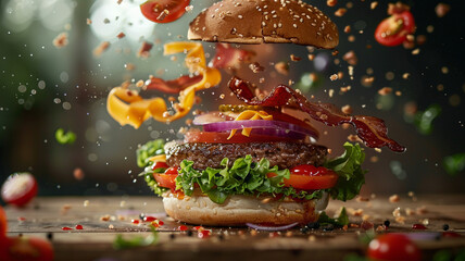A burger in free fall, the ingredients of the dish slowly flying in the air are replaced by spices and vegetables, bringing gastronomic and aesthetic pleasure.
