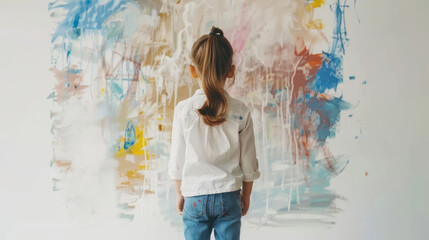 Little girl painting on white wall in a creative indoor space