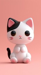 Fototapeta premium A cute, white and black plush kitty with big eyes sits on a pink background