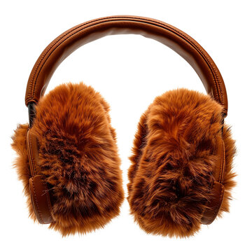 Fluffy brown earmuffs isolated on white background. Winter fashion accessory for warmth and style. Perfect for cold weather and cozy outfits.