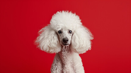 Portrait of a shorn white poodle on a bright red background