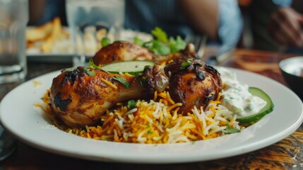 A mouthwatering plate of chicken biryani served with cucumber raita and spicy pickle.