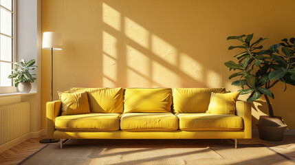 Bright living room interior with yellow sofa and indoor plants