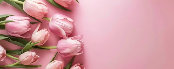 View from above tulips with copy space. Background for women's day, 8 March Valentine's day, 14 February. Flat lay style, top view, mockup, template, overhead. Greeting card 