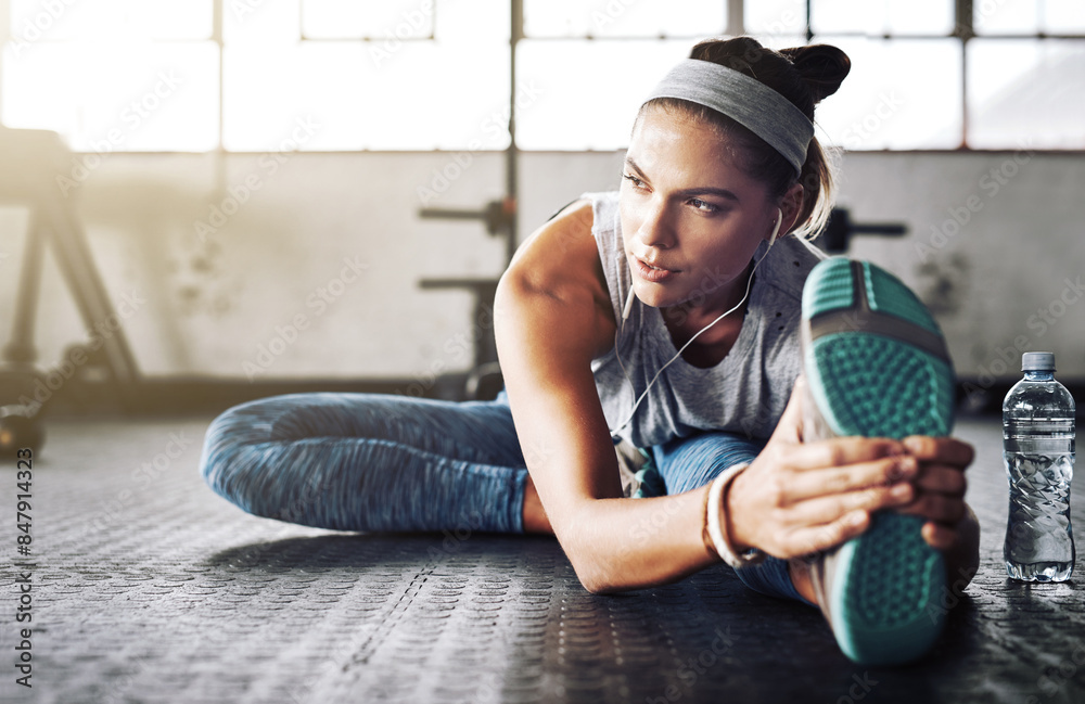 Poster Fitness, legs and thinking with woman stretching on floor of gym for health or wellness. Exercise, vision and warm up for workout with athlete getting ready for improvement or training routine