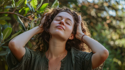 Carefree woman enjoying nature with eyes closed and hands behind head