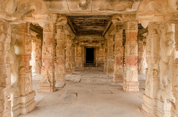 Interior of the beautiful and magnificent Lord Shri Krishna Temple, Medieval sandstone architecture at Hampi, Karnataka, India, Asia.