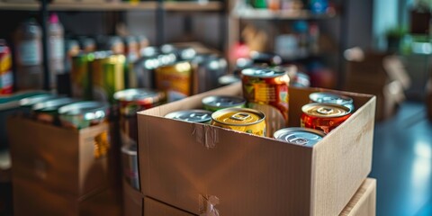 Variety of canned goods in cardboard boxes
