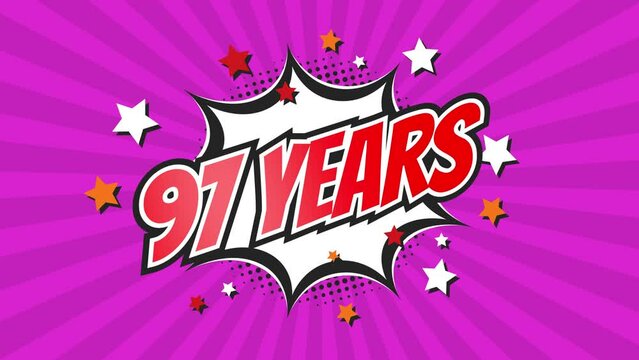97th ninety-seventh anniversary - 97 ninety-seven years birthday. Animated text on pop colorful background with rotating rays.