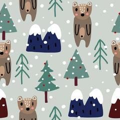 Seamless Christmas pattern with forest bears and Christmas trees and snow on a green background. Suitable for textiles, wallpaper, baby clothes.
