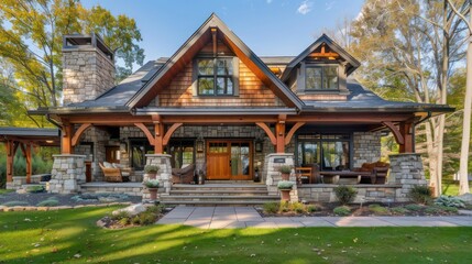 Fototapeta premium traditional craftsman home with a stone facade, covered porch, and detailed woodwork