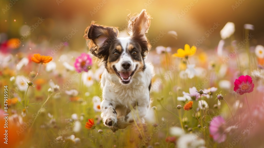 Poster a playful dog running through a field of flowers, ears flapping in the wind.