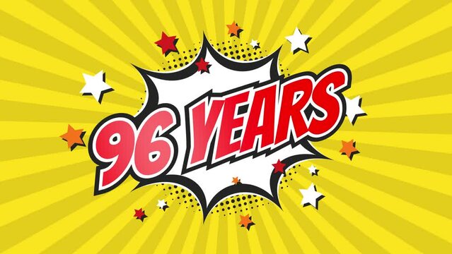 96th ninety-sixth anniversary - 96 ninety-six years birthday. Animated text on pop colorful background with rotating rays.