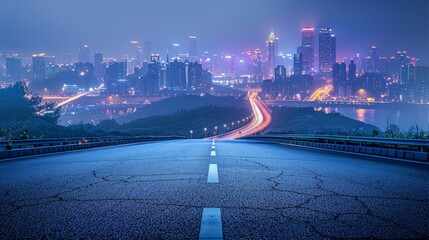 A horizontal road is in the foreground, with Chongqing cityscape and skyline at night in background. The sky above shows blue color. Generative AI.