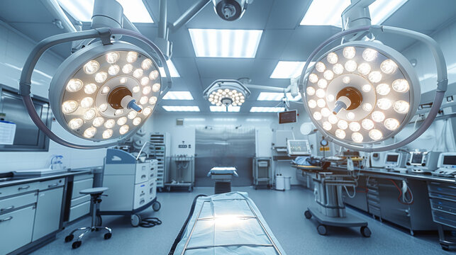 Modern bright surgical operating theater With 2 large operating lights facing towards camera position. Generative AI.