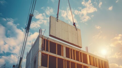 A crane lifting a prefabricated concrete wall panel at a construction site, highlighting modern building techniques and technology.