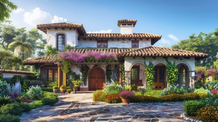 Fototapeta premium traditional Spanish villa with terracotta roof tiles, arched doorways, and vibrant gardens