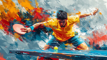 Painting of a table tennis player in mid-action, the player is in the foreground of a colorful background