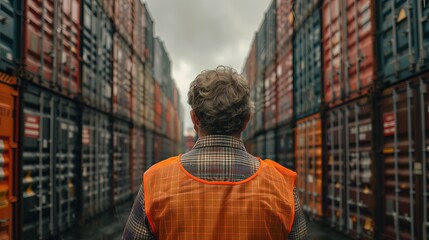Naklejka premium Worker in Orange Vest Inspecting Shipping Containers at a Port 