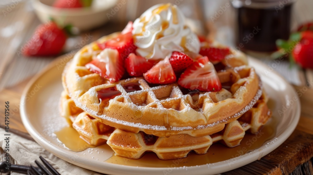 Poster A stack of golden brown waffles topped with whipped cream and strawberries, served with a side of syrup.