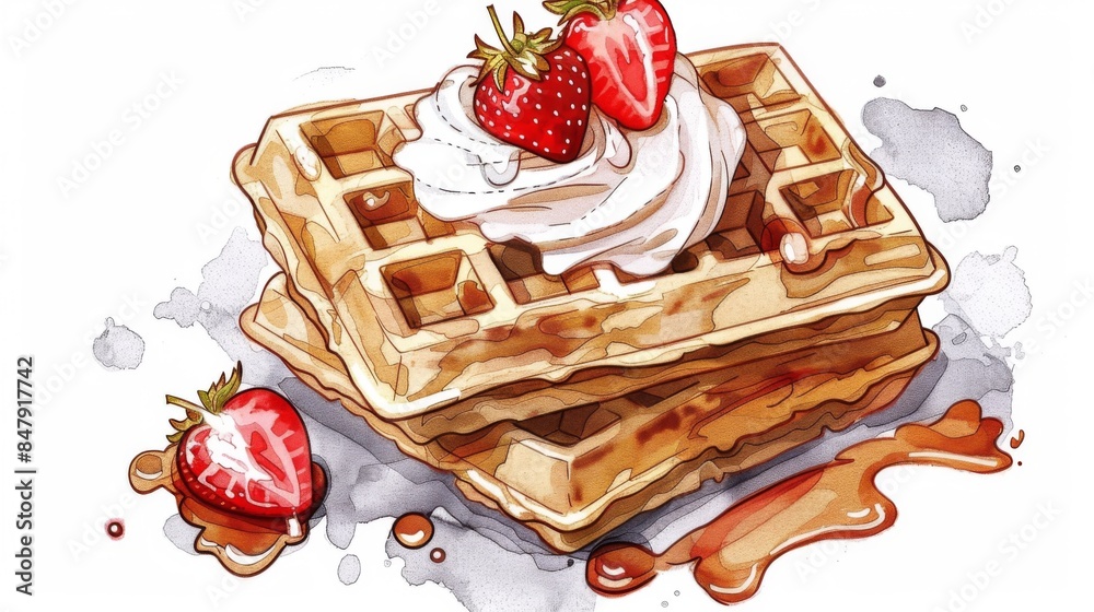 Poster A stack of golden brown waffles topped with whipped cream and strawberries, served with a side of syrup.