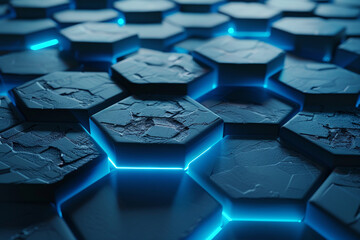 Dark grey surface with blue hexagons for a 3D-rendered futuristic design.