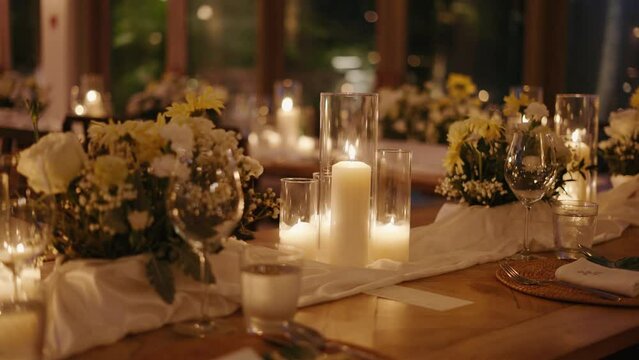 Wedding table rustic style decor with dishes, drinks and flowers Bulk candles made of granulated wax and  decorative flowers in Provence style for celebrating a wedding reception