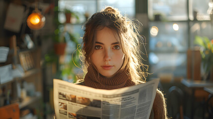 Fototapeta na wymiar Young businesswoman reading the daily newspaper