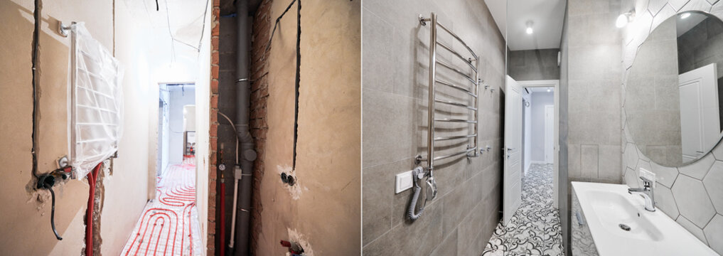 Apartment room with heated floor and electric towel dryer before and after restoration. Comparison of flat with underfloor heating pipes and new renovated bathroom with sink, mirror and towel warmer.