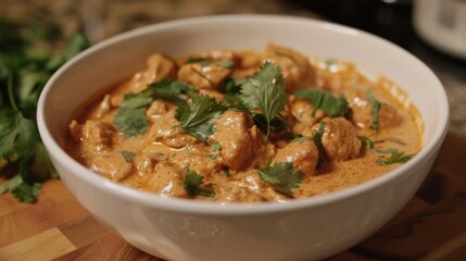 A tempting bowl of creamy chicken tikka masala garnished with fresh cilantro leaves.