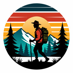Vector t-shirt design. Black silhouette hiking vintage retro sunshine isolated on the background. Conceptual art, vibrant painting illustration.