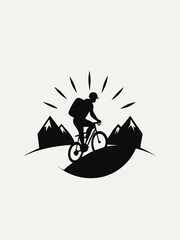Vector t-shirt design black silhouette hiking bike vintage retro sunshine isolated on white background conceptual art vibrant painting illustration