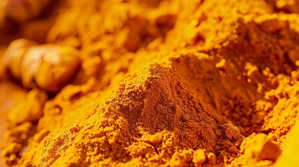 Close-up of a heap of ground turmeric, bright orange-yellow color and fine texture, soft natural light, detailed and earthy. 