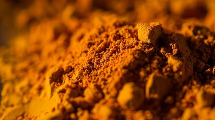 Close-up of a heap of ground turmeric, bright orange-yellow color and fine texture, soft natural light, detailed and earthy. 