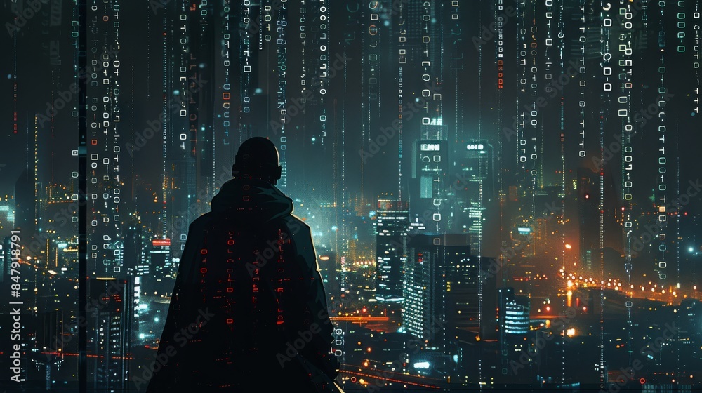 Poster A silhouette of a hacker against a backdrop of a cityscape filled with digital data streams and locks, with empty space at the bottom for text. Generative AI.