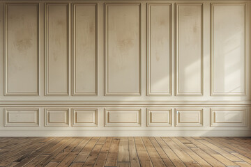 Beige colored wall with wooden floor. Photography backdrop.
