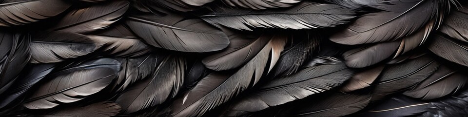 A close-up photo of overlapping black bird feathers. Tender bird feathers background. Black feathers background, black plume pattern, wings feather texture with copy space.