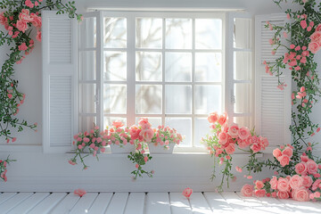 Maternity backdrop, wedding backdrop, photography background with delicate flowers and vintage white wall and windows.