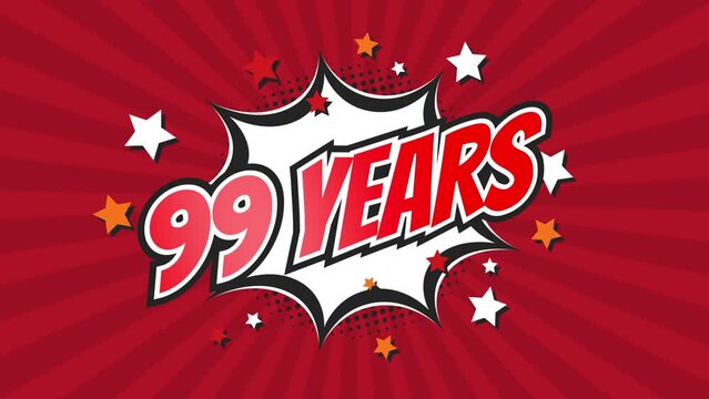 99th ninety-ninth anniversary - 99 ninety-nine years birthday. Animated text on pop colorful background with rotating rays.