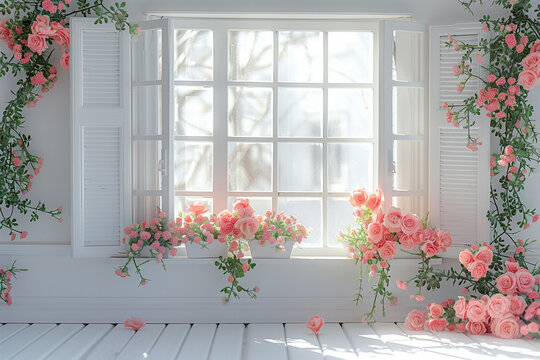 Maternity backdrop, wedding backdrop, photography background with delicate flowers and vintage white wall and windows.