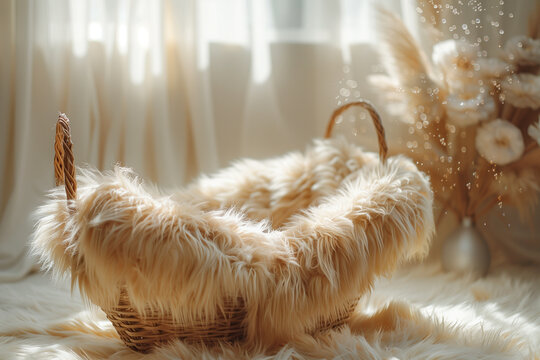 Newborn photography digital backdrop, moses basket with long wavy fur