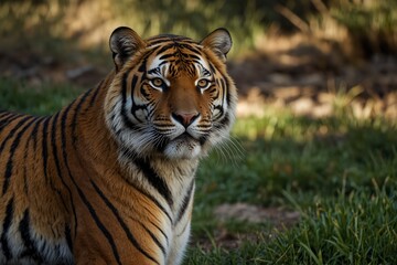 Obraz premium A tiger is standing in a grassy field, looking at the camera. The tiger is mostly orange, with black stripes and a white belly.