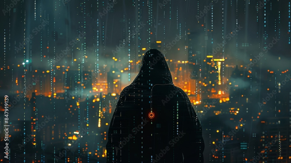 Poster A silhouette of a hacker against a backdrop of a cityscape filled with digital data streams and locks, with empty space at the bottom for text. Generative AI.