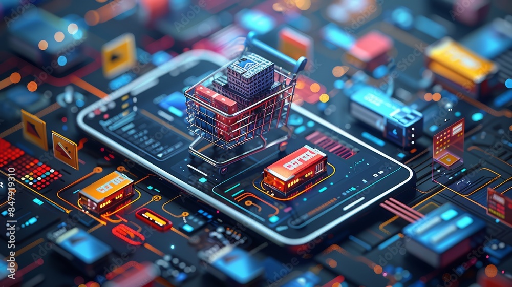 Poster e-commerce and online shopping. digital illustration of an online shopping interface with product li