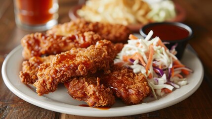 A tempting plate of crispy chicken tenders served with barbecue sauce and a side of coleslaw.