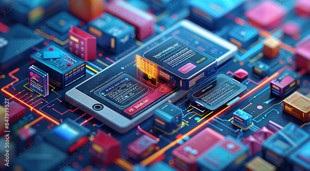 Poster e-commerce and online shopping. digital illustration of an online shopping interface with product li
