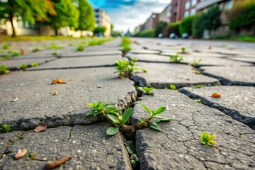 street pavement with cracks and weed. Urban infrastructure degrade issue