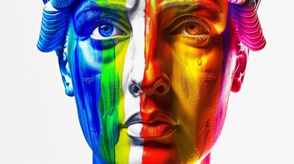 Obraz premium Eyecatching pop art poster of the Statue of Liberty, face painted with rainbow stripes, advocating LGBTQ pride