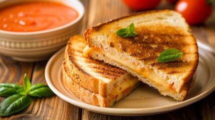 A tempting plate of grilled cheese sandwiches served with a side of tomato soup for dipping