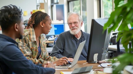 Three people work on a laptop computer in a modern office setting